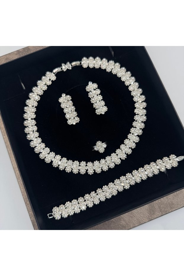 Pearl Zircon Stone Bridal Jewelry Set Necklace Earrings Bracelet Ring