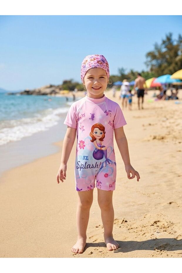Girl's Pink Mermaid Patterned Short Sleeve Boned Protective Swimsuit