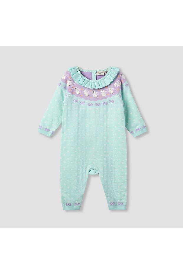 Bunny Print Romper with Long Sleeves and Ruffle