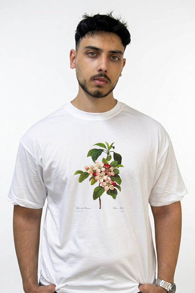 Redoute Elma Cicegi Design Printed Oversize White T-Shirt