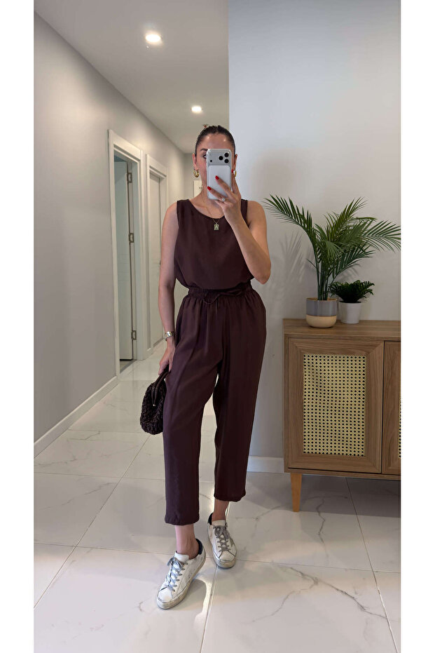 Mone Brown Tencel Sleeveless Blouse Pants Set