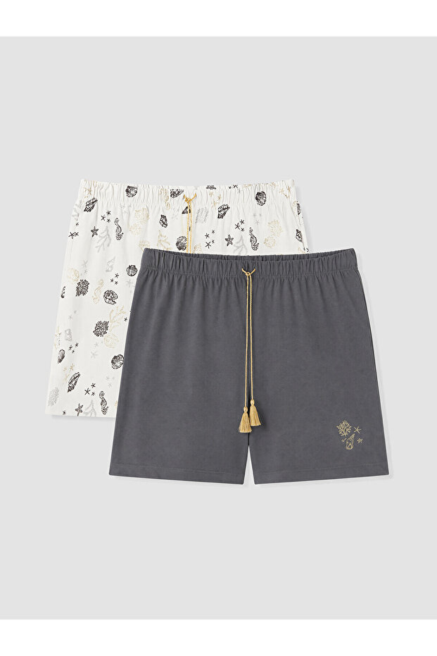 Ecru Printed 100% Cotton Women's Shorts Pajama Bottoms 2-Piece Set