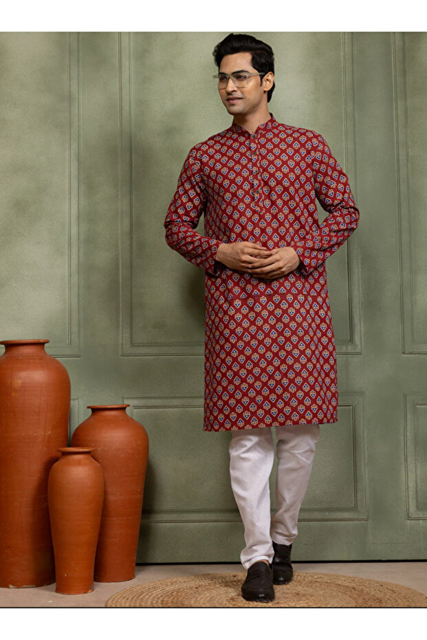 Mens All-Over Printed Cotton Kurta Set