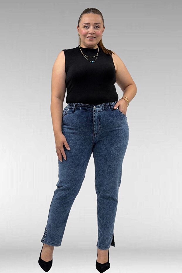 69005 Plus Size Beyoğlu Stone Detailed Jeans - Snow Wash Navy Blue