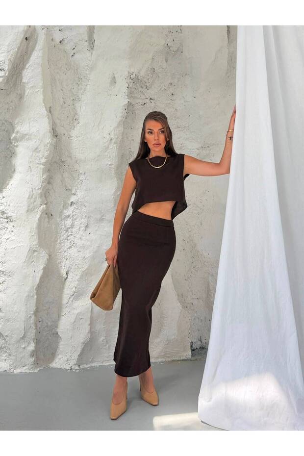 Premium Woven Fabric Crop Blouse and Midi Skirt Two-Piece Set