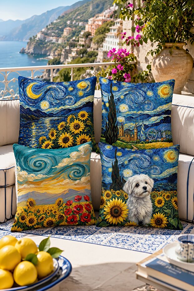Artistic Sunflower Patterned 4-Piece Throw Pillow Cover Set
