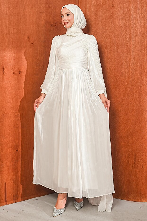 White Collar Stoned Draped Janjan Evening Dress
