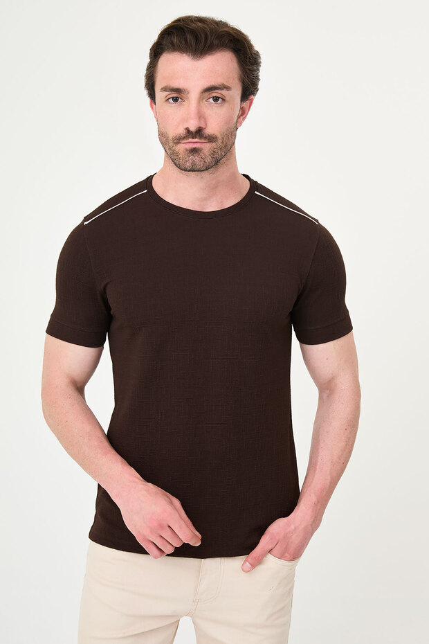 Plain Slim Fit Crew Neck Short Sleeve Men's T-Shirt Brown - 36890.26Y