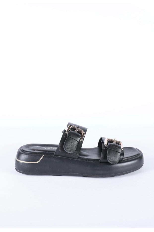 Women's Genuine Leather Double-Strap Adjustable Belt Buckle Detailed Thick Sole Slippers Black
