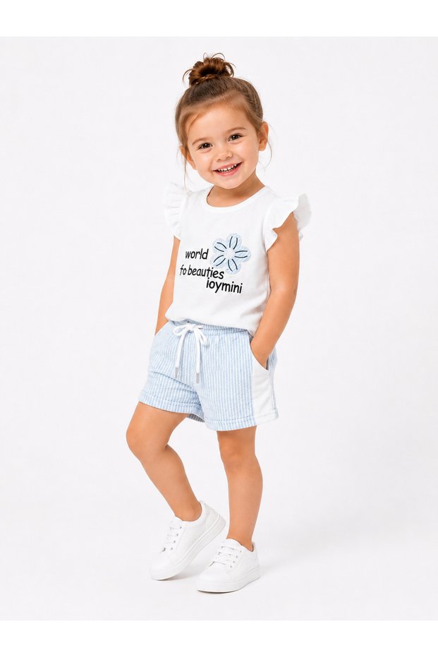 3-10 Years Old Girls' Floral Printed Ruffle Sleeve White T-Shirt Striped Shorts Set Waterway Fabric
