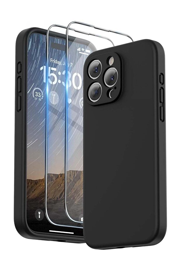 Design for iPhone 15 Pro Max Case, Liquid Silicone [2 x Screen Protectors & 1 x Lanyard] Protection for Each Lens Shockproof Cover for iPhone 15 Pro Max 6.7 inch 2023, Black