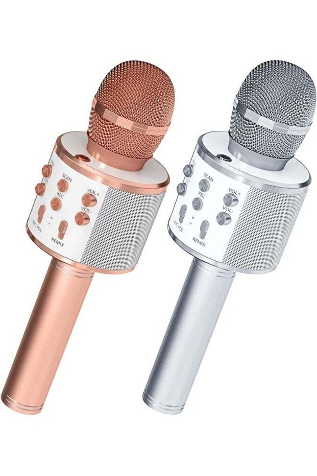 2-Pack Wireless Bluetooth Karaoke Microphones - Portable Handheld Mics with Built-In Speaker (Rose Gold & Silver)