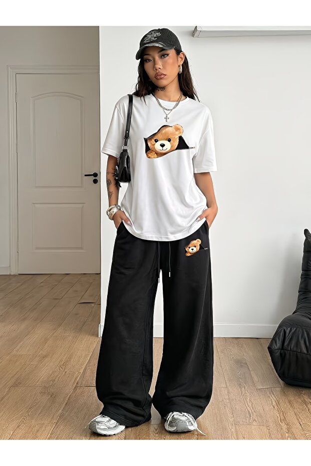 Unisex Zipper Bear Print Oversized Tshirt and Baggy Sweatpants - Summer Two-Piece Tracksuit Set