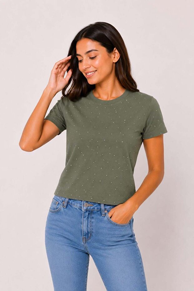Women's Crew Neck Stoned Crop Blouse Khaki