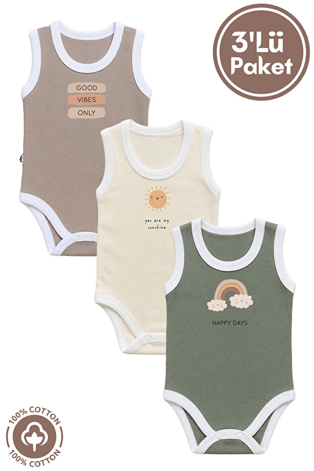 Unisex 100% Organic Cotton Good Vibes Printed 3-6-9-12 Months 3-Piece Sleeveless Undershirt Baby Bodysuit