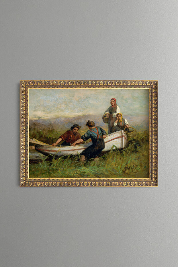 People Near the Ship - Vintage Patterned Painting - Fine Model