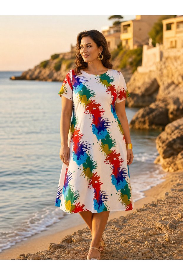 Women's 100% Cotton Comfortable Fit Colorful Patterned Flowy Midi Length Casual Dress