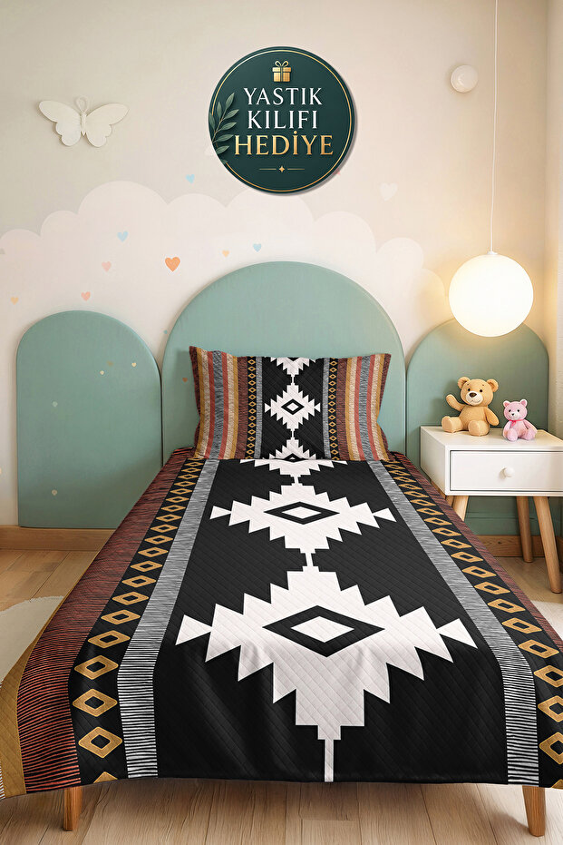 Ethnic Geometric Black Single Pique Set - Bohemian Mustard Tile 160X220 cm Bedspread