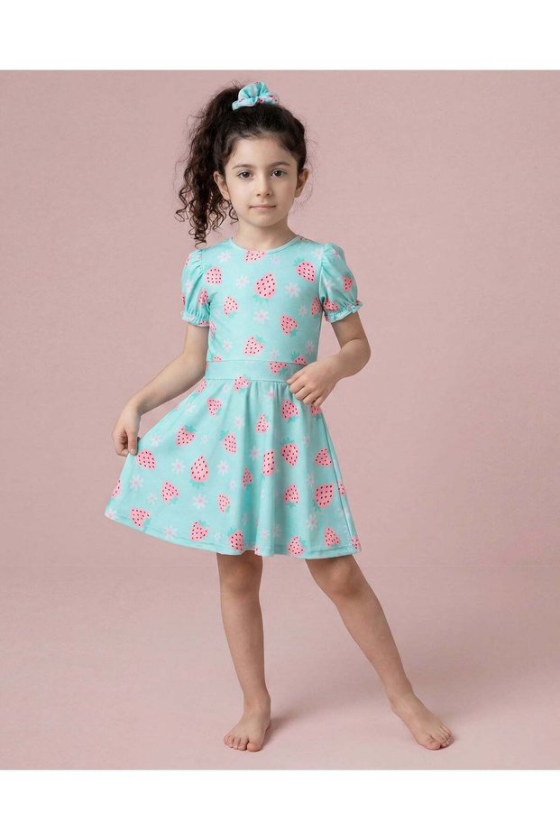 Girls Green Strawberry Print Swim Dress Set