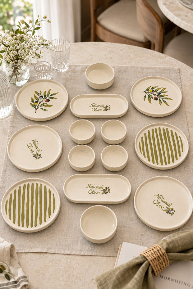 Oliva 14 Piece Handmade Stackable Ceramic Plate Set for 6 People Premium Presentation & Breakfast Set