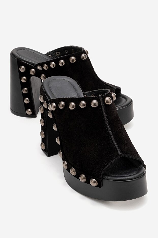 Women's Genuine Leather Clogs Slippers 6368 Black Suede