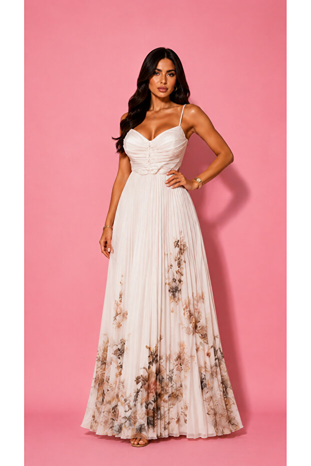 Rochie Lungă Elegantă Plisată cu Imprimeu Floral - 1