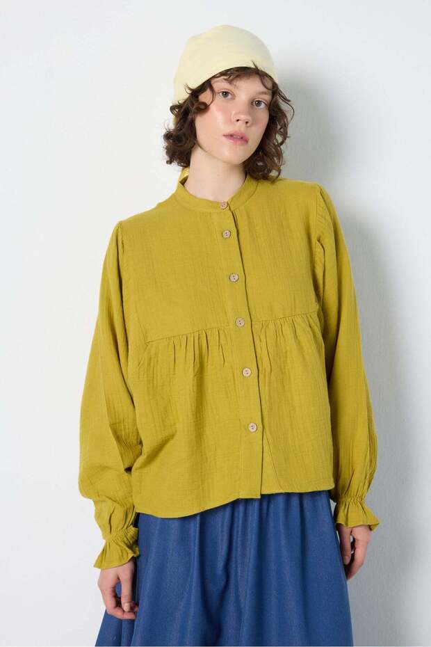 Women's Drawstring Muslin Shirt Oil Green 31146
