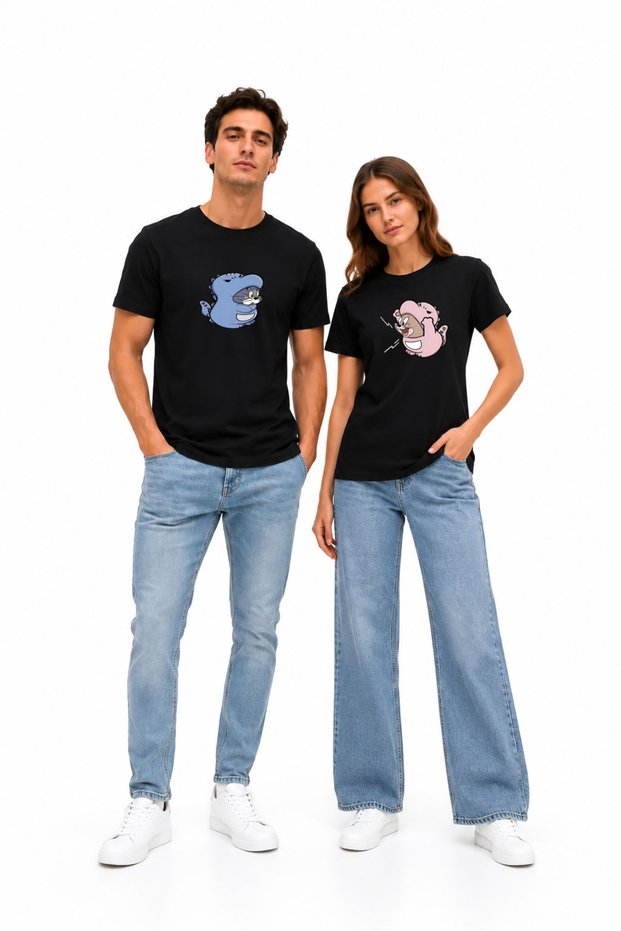 Lover's Combination Dinosaur Printed Unisex White T-Shirt Set Couple T-Shirts