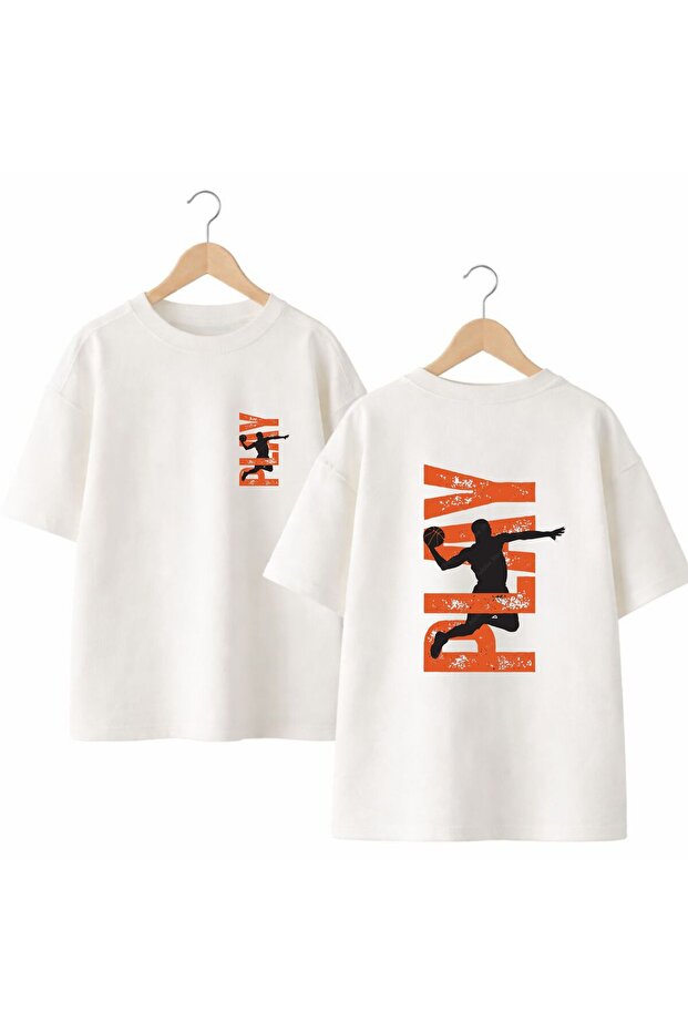 Play Basket Back and Front Chest Printed 100% Cotton Oversize Loose Regular Fit Crew Neck T-Shirt