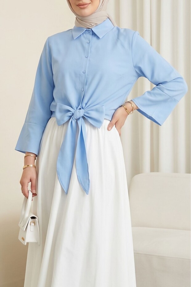 Tie-Waist Spanish Sleeve Poplin Shirt Blouse -Blue