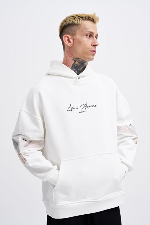Men's Birds Embroidered Hooded Sweatshirt Ecru