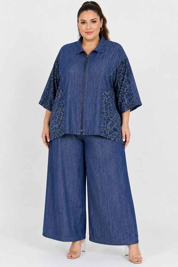 Plus Size Zippered Denim Suit with Leopard Pattern Detail, Capri Sleeve, Wide Leg Women's Suit
