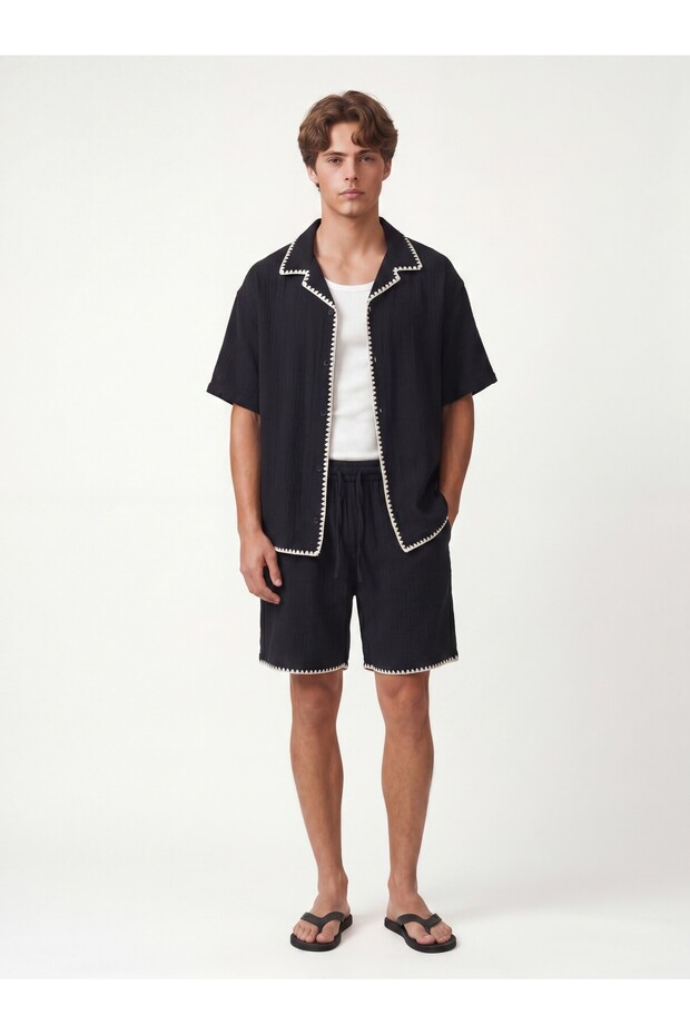 Stitched Detailed Shirt Shorts Set
