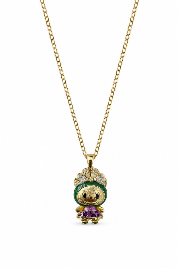Steel Necklace with Yellow Colored Cute Character Figure and Stone Detail