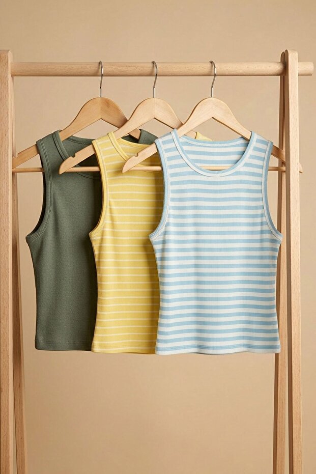 3 Pieces of Ribbed Fitted Viscose Blended Strappy T-Shirt