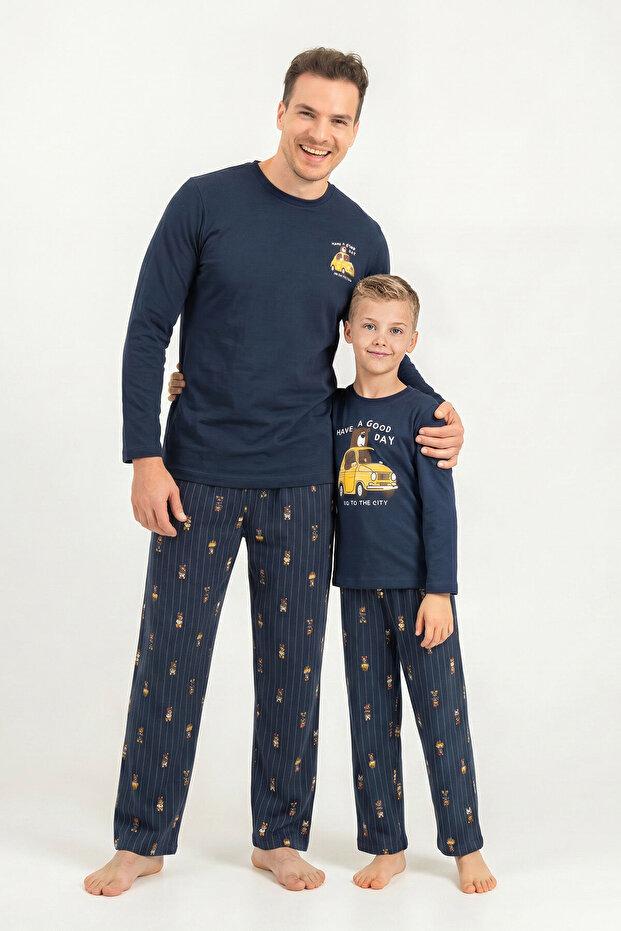 Father Son Have a Good Day Navy Blue Long Sleeve Pajama Set Ar3833-A-V1