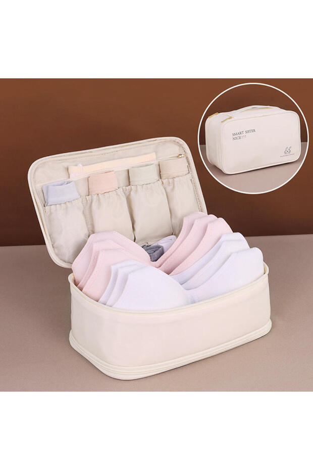 Beige Travel Storage Bag Portable Underwear Pantyhose, Socks Organizing Bag, Double Layer Large Capa