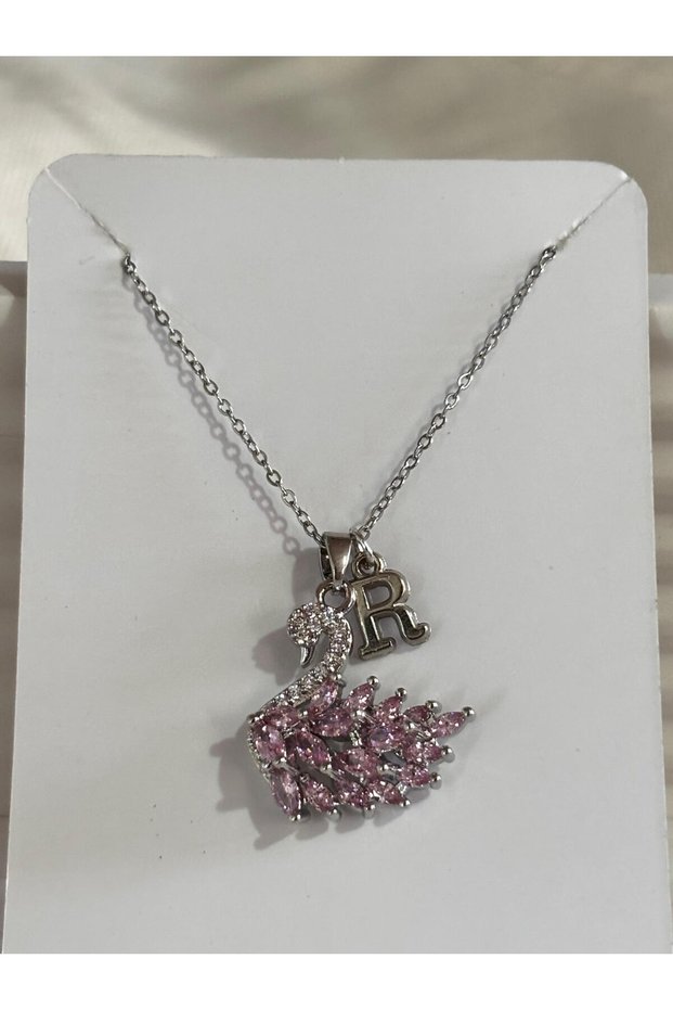 316L Steel Pink Zircon Stone Swan R Letter Necklace