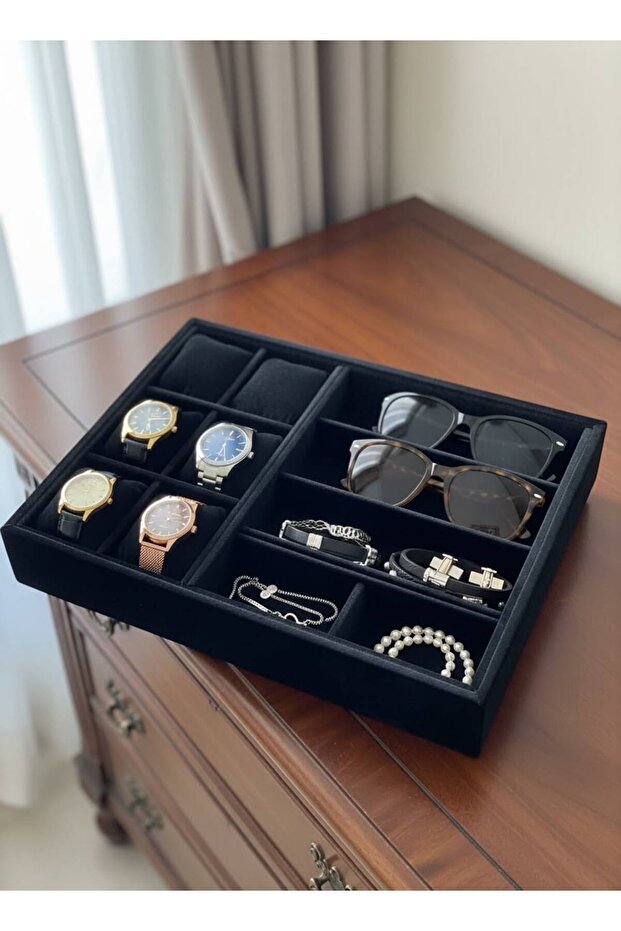 Glasses, Watch, Bracelet, Ring, Jewelry Box, Suede Fabric Covered over Mdf