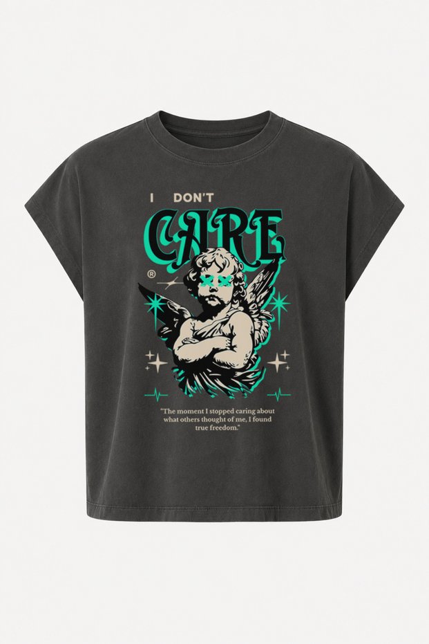 Oversize I Don'T Care Printed Daily Use Street Wear Crew Neck Boxy Worker T-Shirt