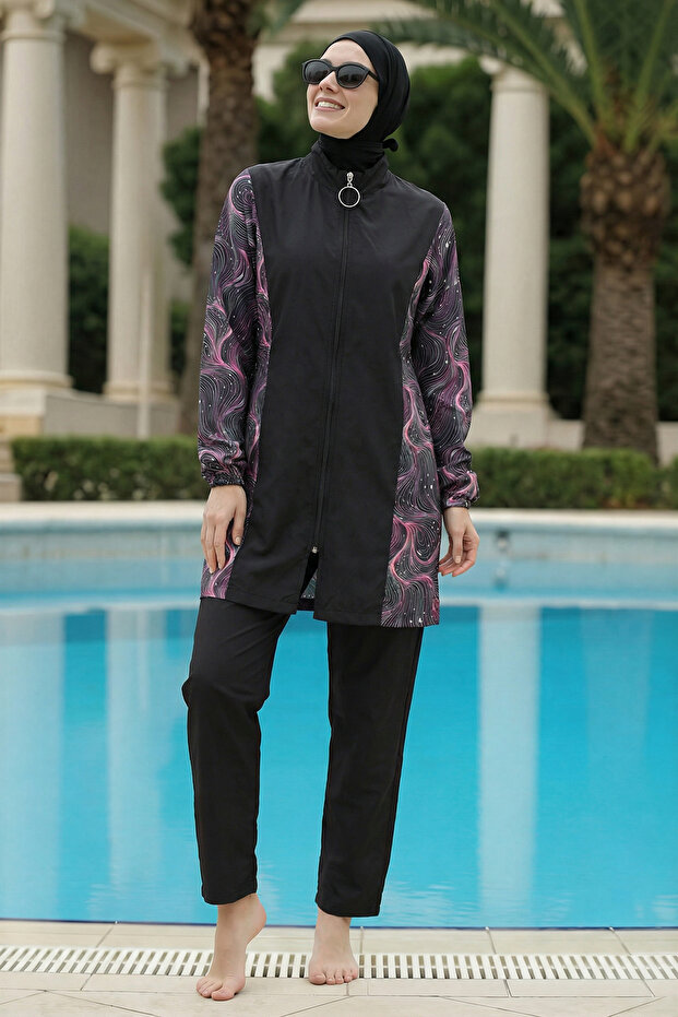 2-Piece Set (with Bonnet Gift) Low-Shoulder, Front Zipper, Elastic Back, Slit, Islamic Swimwear D24