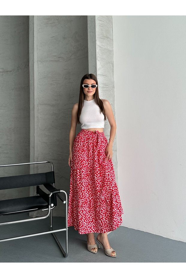 Women's Skirt with Elastic Waist and Bib, Drawn-Strapped Cotton, Gonca Pattern, Stylish Summer Skirt