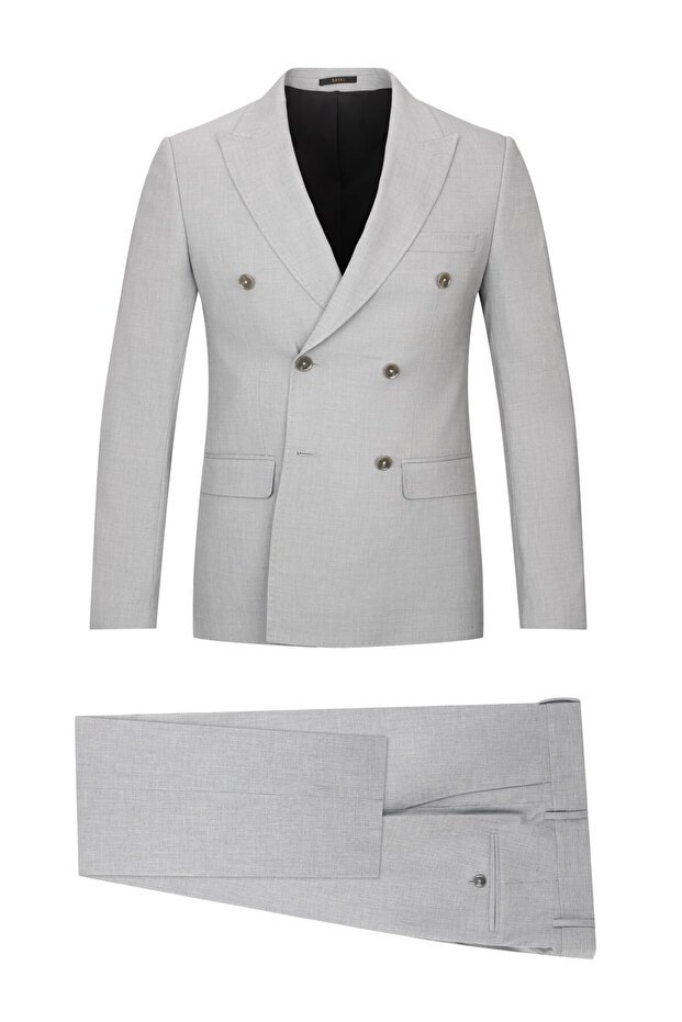 Gray Regular Fit Striped Double-Breasted Suit