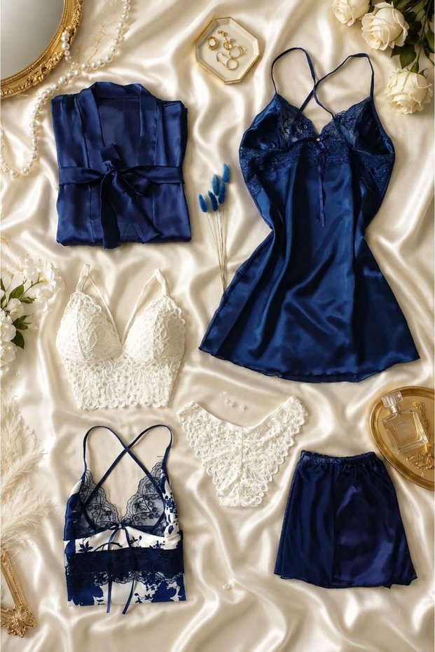 Luna Bleu 6-Piece Women's Satin Nightgown, Dressing Gown, Pajamas and Lace Dowry Set Navy Blue