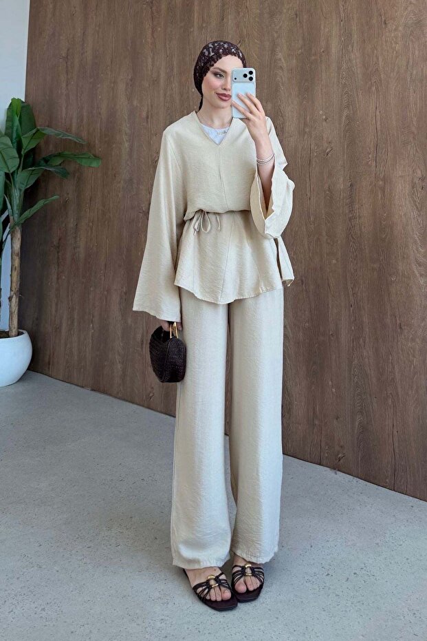 Valide V-Neck Linen Suit Beige
