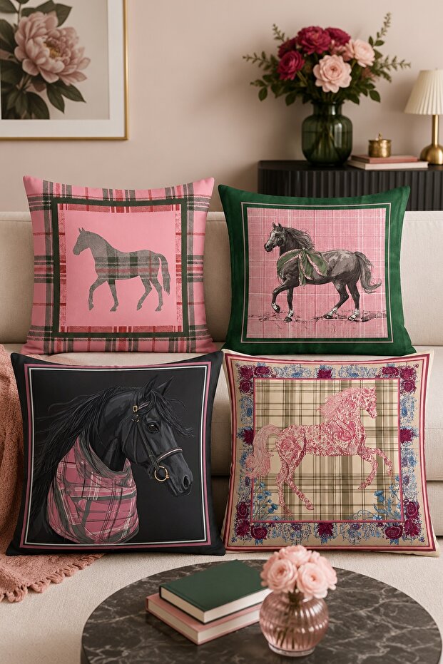 Pink Horses Patterned 4-Piece Throw Pillow Cover Set
