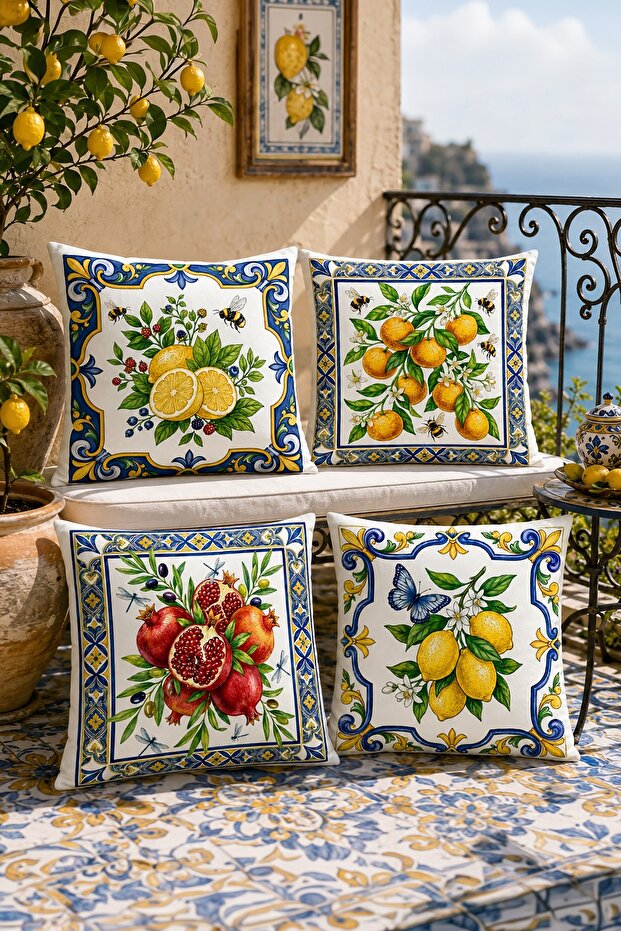 Set of 4 Throw Pillow Covers with Mandarin, Pomegranate and Lemon Patterns