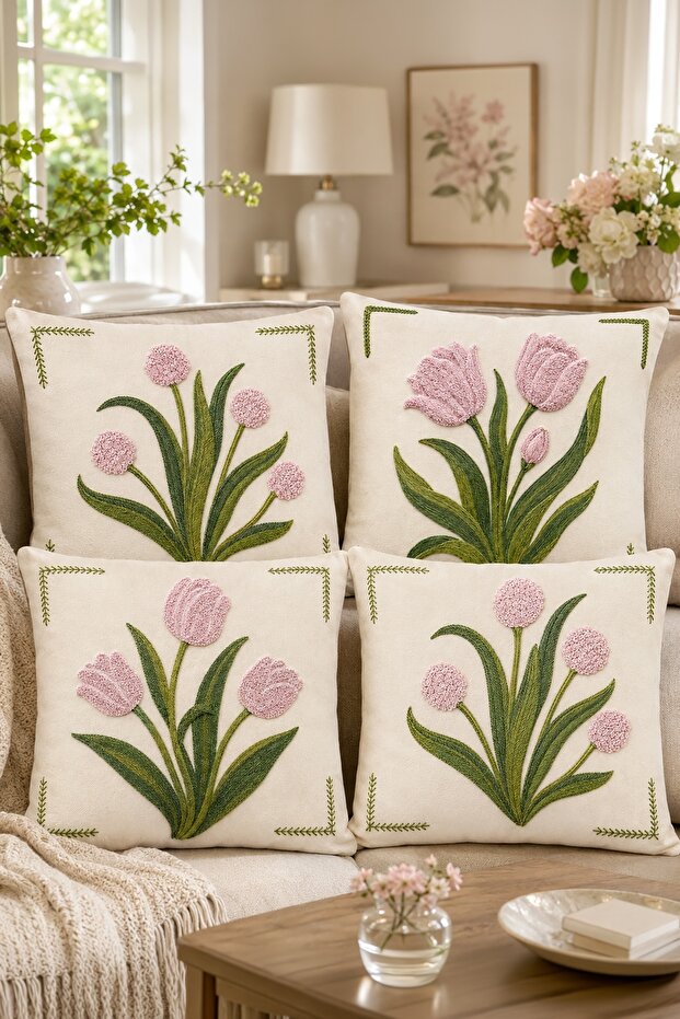 Embroidered Flowers Patterned 4-Piece Throw Pillow Cover Set