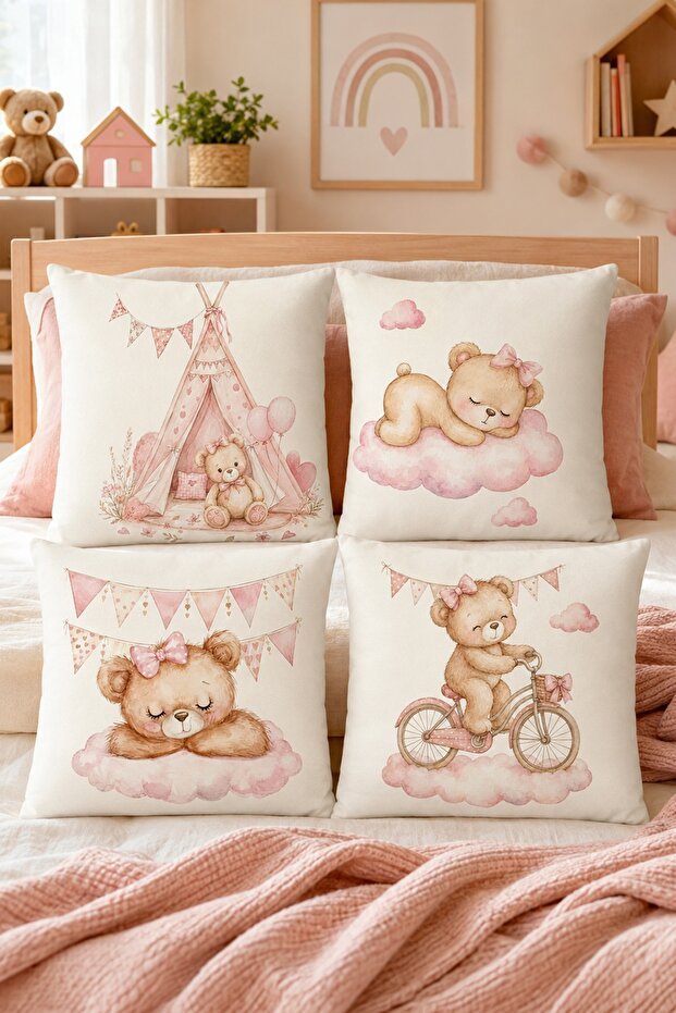 Sleepy Bear Patterned 4-Piece Children's and Baby Pillowcase Set