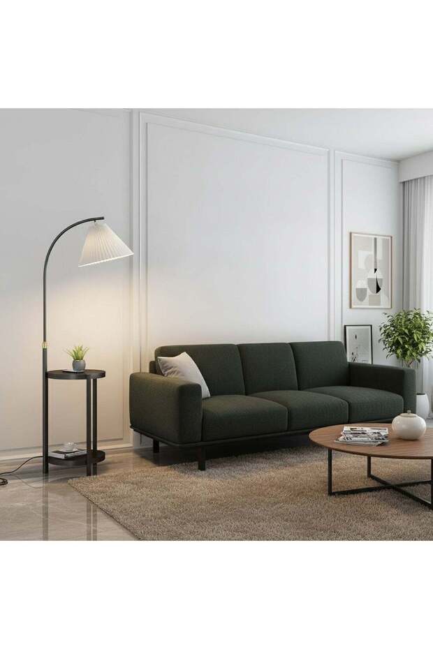 Arc Floor Lamp with Side Table 3-Color Dimmable LED (3000K-6000K) 12W Standing Lamp with Storage Shelf for Living Room Bedroom